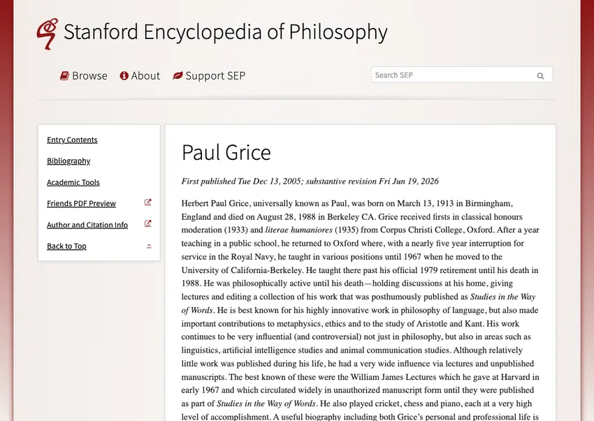 Paul Grice (Stanford Encyclopedia of Philosophy)