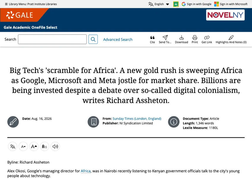 Big Tech's 'scramble for Africa'. A new gold rush is sweeping Africa as Google, Microsoft and Meta jostle for market share. Billions are being invested despite a debate over so-called digital colonialism, writes Richard Assheton. - Document - Gale Academic OneFile Select